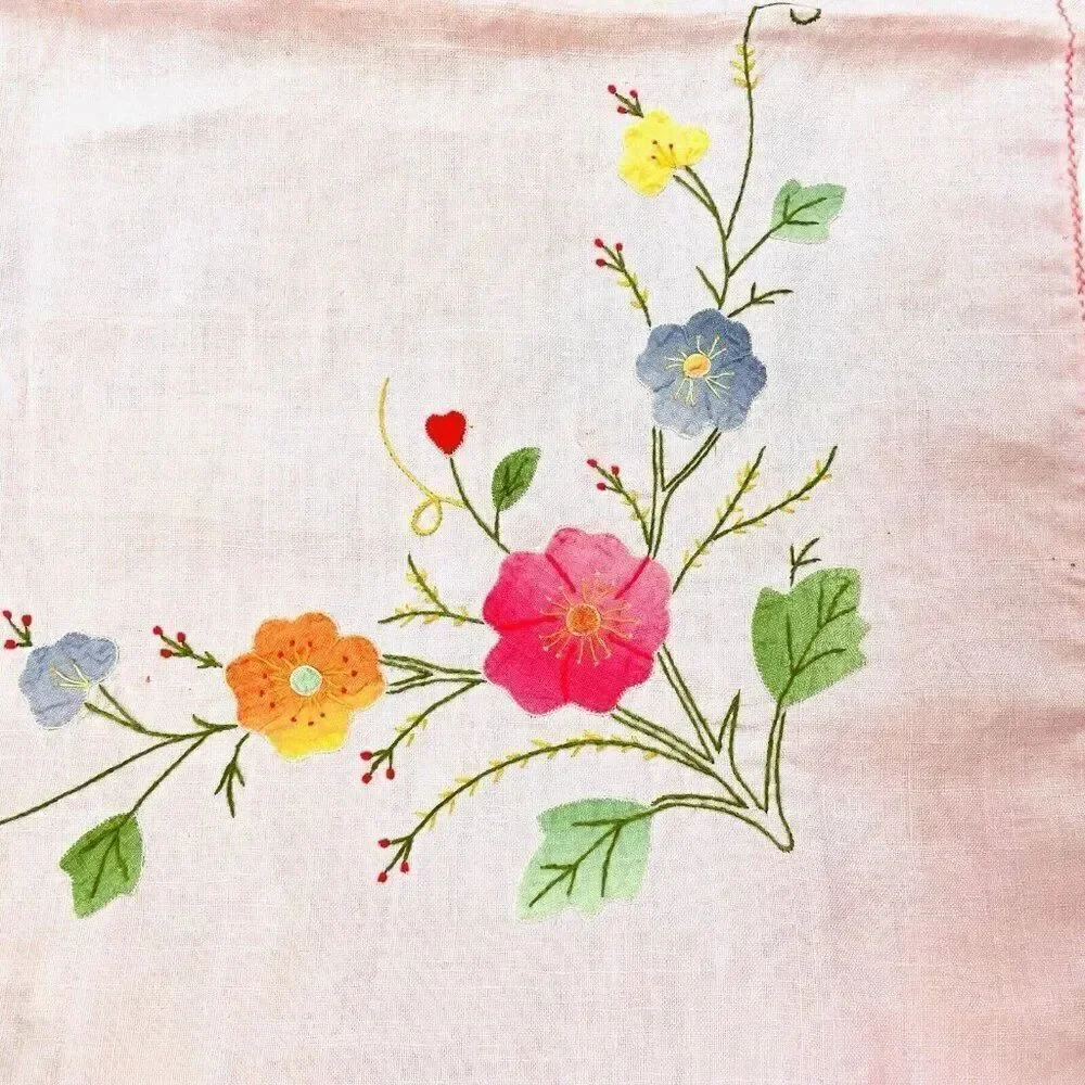 Vintage Handmade Pink Square Embroidered Floral Tablecloth 42 x 41 Appliqué Cute